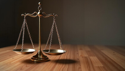 Golden scales of justice on wooden table
