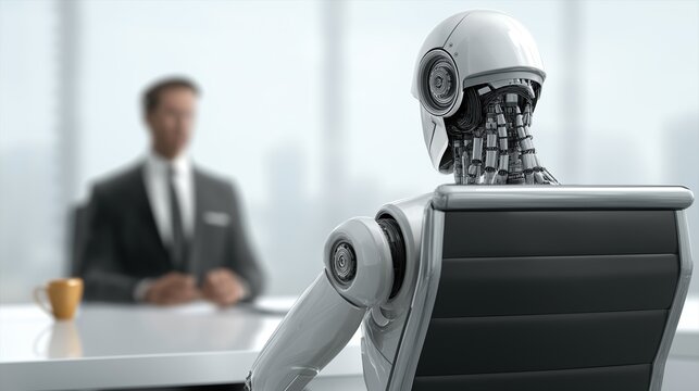 A human worker and an AI agent humanoid robot in an interview for a job at an office symbolizing AGI employment and business autonomy using ASI superintelligence during the singularity