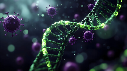Glowing green dna strands and purple virus cells in a science concept