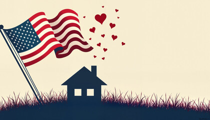 United States flag with hearts above a house
