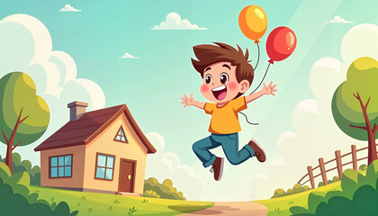 Happy boy jumping with balloons in a colorful landscape
