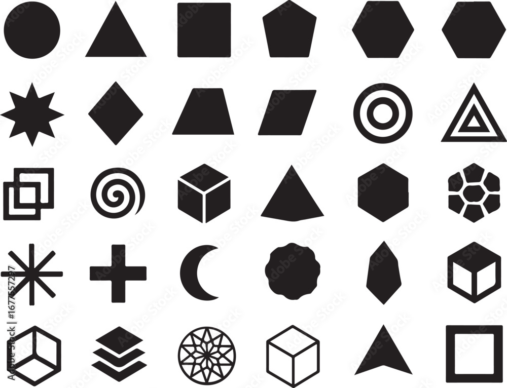 Poster collection of geometric shapes and icons isolated on simple flat icons symbol set for design