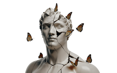 Statue with butterflies isolated on white isolated on transparent background