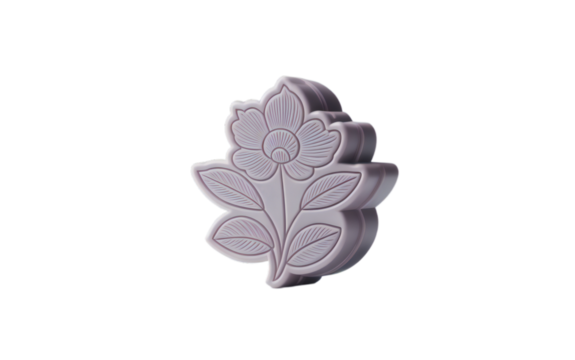 Delicate lavender colored floral shaped soap or bath bomb with intricate petal details isolated on transparent background