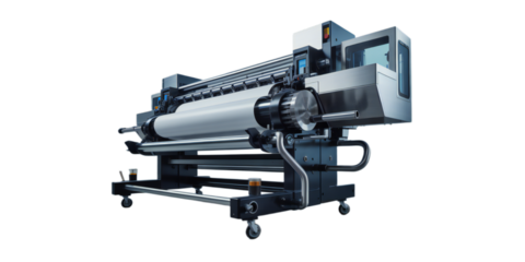 Modern industrial large format inkjet printer with a roll of paper on a metal stand isolated on transparent background