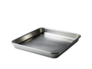 A clean empty metal baking sheet with raised edges and a reflective surface isolated on transparent background