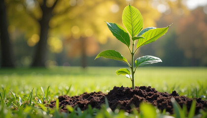 New plant sprouting from soil in a sunny park
