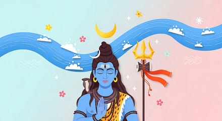 Illustrative depiction of the deity Shiva with symbolic elements and background