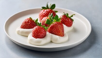close up of ripe strawberries dipped in fluffy cream on white ceramic plate with soft shadows and clean background