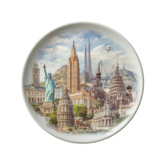 Obraz premium Collectible souvenir decorative plate showcasing famous world landmarks and cityscapes