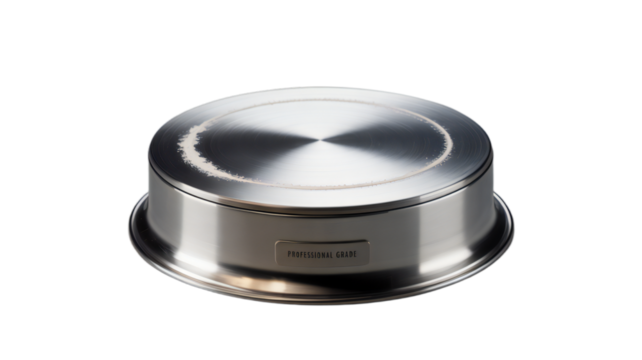 Close up view of the bottom of a shiny stainless steel cooking pot with a reflective surface isolated on transparent background