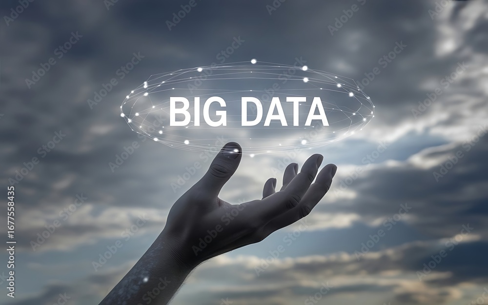 Poster hand-reaches-out-towards-clouded-sky-elegantly-showcasing-term-big-data-surrounded-by-network-interc