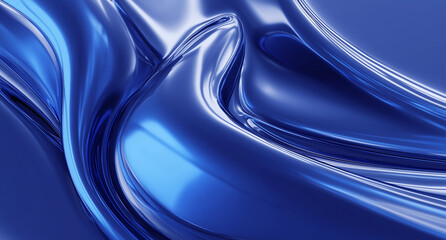 Abstract Blue Liquid Metal Background with Glossy Fluid Shapes and 3D Metallic Glass Waves
