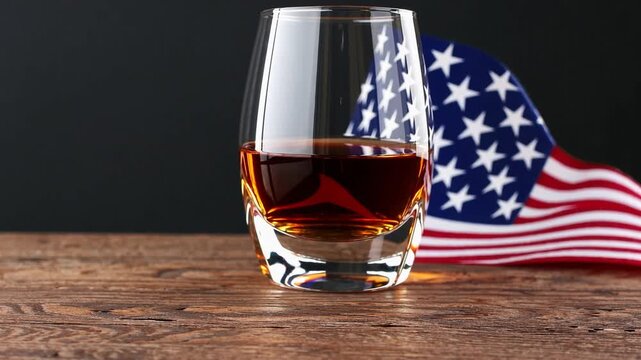 Close-up view of glass containing bourbon whiskey: detailed shot of spirits and the US flag