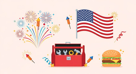 Celebratory assortment with american banner, burger, festive rockets and toolbox