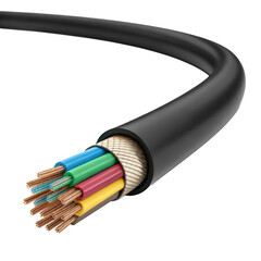 Detailed view of a multi conductor electrical cable with colorful wires isolated on transparent background