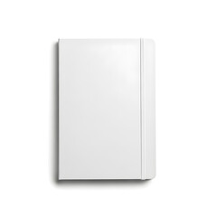 A clean, minimalist, top-down view of a closed white notebook with an elastic band closure on the right side, set against a stark white background.