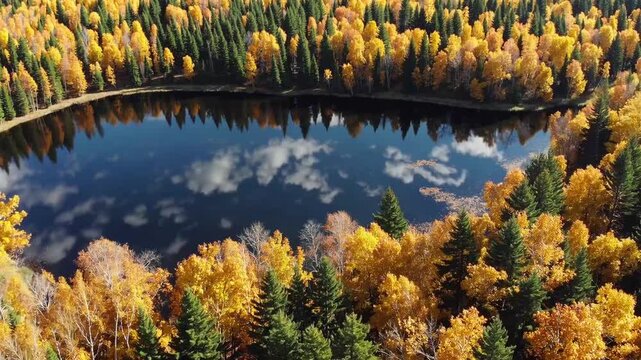 Autumnal Tones Adorning Serene Body of Water Surrounded by Fall Foliage