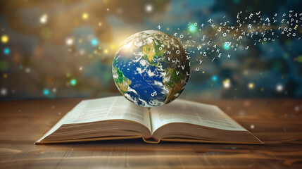 International Literacy Day concept of open book with alphabet letters and earth. Children education background or learning event concept