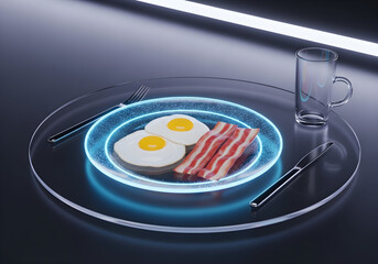 Savory breakfast spread of perfectly fried eggs and crispy bacon served on a modern plate with glowing blue accents, complete with cutlery and a glass, evoking a futuristic dining experience.