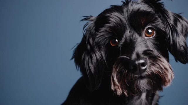 Tightly Framed Portrait of Compact Dark-Haired Canine Gazing Upwards on Blue Studio Backdrop