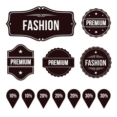 A set of vintage-style monochrome labels and badges for fashion and premium products, alongside discount percentage tags.