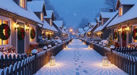 Charming Snow Covered Village Street with Christmas Decorations