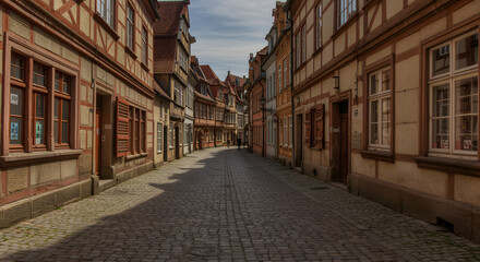 Fototapeta premium Historic European street with cobblestone and old houses