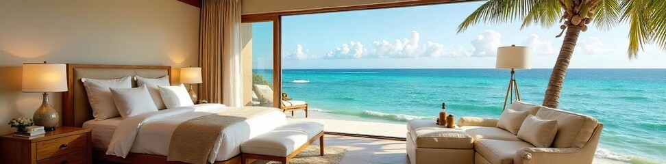 Obraz premium Luxurious honeymoon suite with ocean view, private balcony, and lavish amenities Perfect for romantic getaways and ultimate relaxation , romantic, balcony, tropical