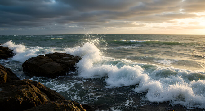 Ocean waves crashing against rocky coast at sunset