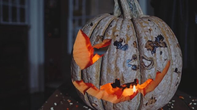 Eerie Decaying Gourds Carved as Lanterns for Autumn Seasonal Halloween Festivities