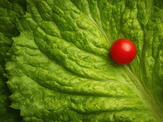 Vibrant Contrast - Single Cherry Tomato Nestled on Crisp Lettuce Leaf.