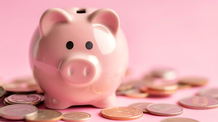Pink piggy bank with coins for International Day of Charity