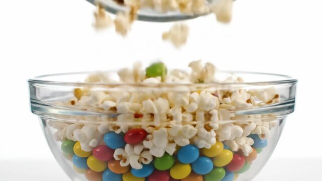 Dynamic popcorn and candy mix tumbles from bowl into clear glass, capturing a fun, energetic moment of snacking delight and vibrant flavor.