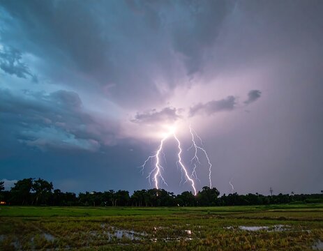 Dramatic lightning storm over rice paddy