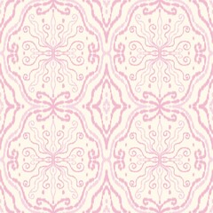 Pastel Ikat Minimal Seamless Pattern, Soft Boho Abstract Textile Design, Modern Geometric Background in Light Pink Blue Mint Beige Tones, Elegant Minimalist Fabric Texture Illustration
