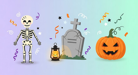 Festive Halloween scene with happy skeleton, grinning pumpkin and tombstone