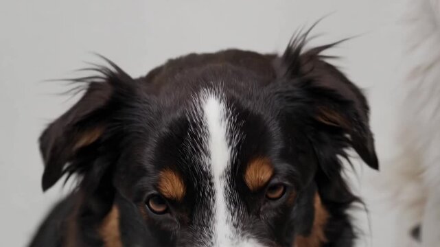 close-up graph of four-year-old Australian Shepherd dog with one ear perked up, isolated on white background