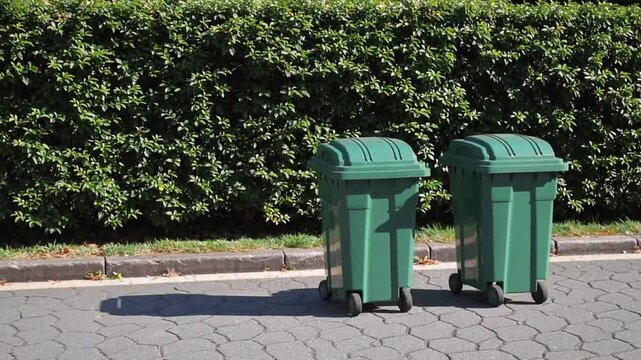 Three Large Green Plastic Waste Bins on Wheels Positioned Over Background of Greenery and Plants