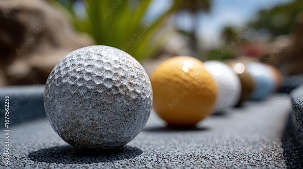 Poster colorful golf balls in a row on a textured surface, showcasing a variety of tones and a shallow dept