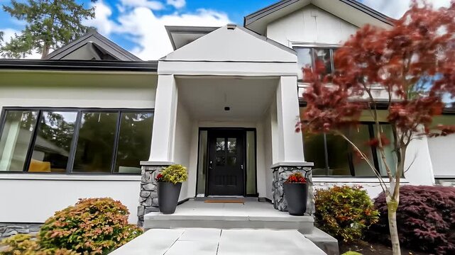 A modern, well-maintained house with a beautiful landscaping design in front of it.