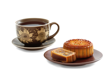 Sliced Moon cakes with Ornate Tea Set in a transparent background
