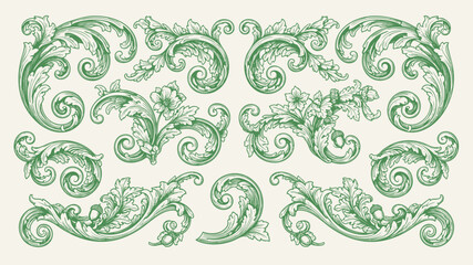Set of Vintage Baroque Victorian element floral ornament leaf scroll engraved retro flower pattern decorative design. Vector damask patterns with flourishes calligraphic engraved ink style.