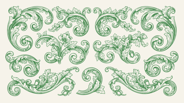 Set of Vintage Baroque Victorian element floral ornament leaf scroll engraved retro flower pattern decorative design. Vector damask patterns with flourishes calligraphic engraved ink style.