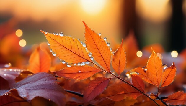 dew drops clinging to vibrant autumn leaves glowing softly in twilight light create a magical and serene atmosphere inviting feelings of tranquility and wonder in nature s beauty