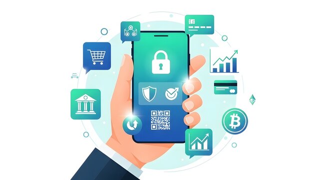 A hand holds a smartphone displaying a lock icon, surrounded by various digital finance and e-commerce icons, symbolizing secure online transactions and mobile banking.