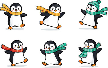 Cute cartoon penguins in winter scarves and hats, dancing and walking, holiday illustration, festive animals, fun winter character set