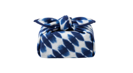 Elegant furoshiki wrapping with Indigo tie-dye, capturing the beauty of traditional Japanese gifts on a white background