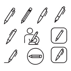 Set of Black and White Stationery Icons Representing Writing Tools and Authoring Capabilities with Pen Pencil and Drawing Instruments