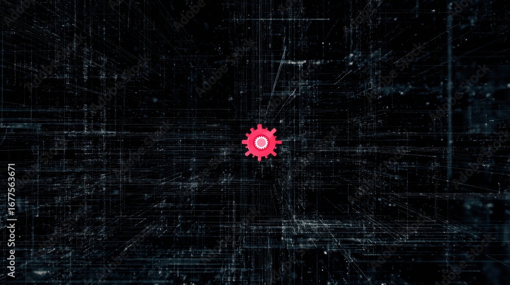 Poster vibrant red digital virus core pulsating in dark cybernetic grid.